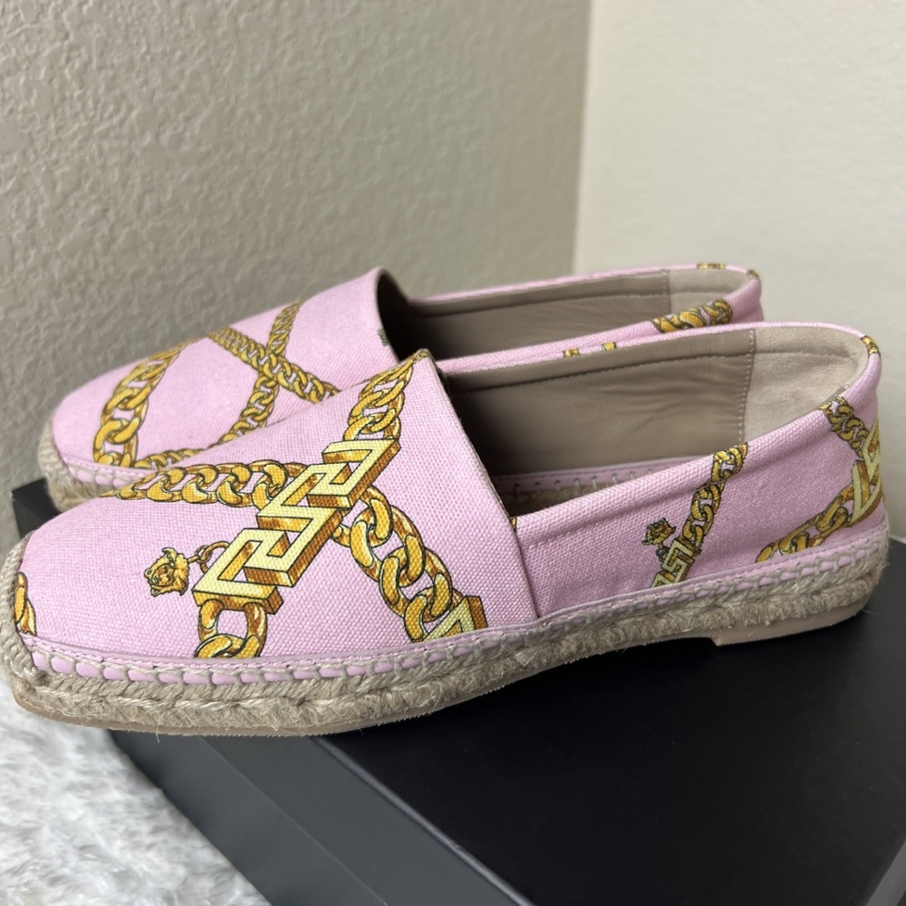 Versace Pink & Gold Chain Print Espadrilles - Picture 4 of 8
